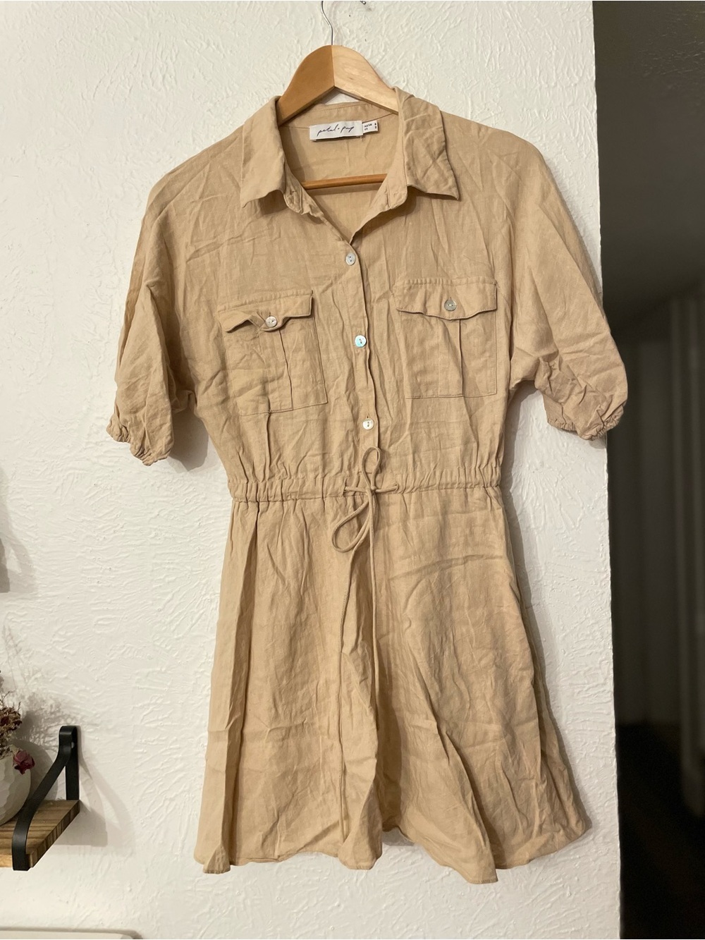 Petal & Pup Beige Tie-Waist Shirt Dress Size 2 Linen Blend